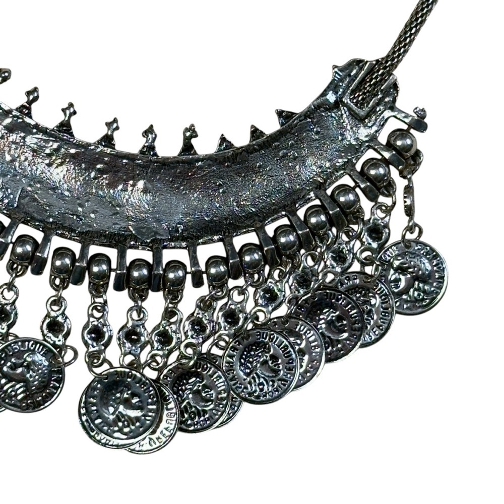 Boho Oxidized Silver Tone Tribal Coin Fringe Bib Necklace Statement Choker - Picture 8 of 14
